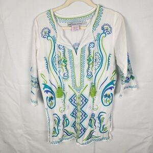 Gretchen Scott Boho Embroidered V-neck Blouse SIZE SMALL‎